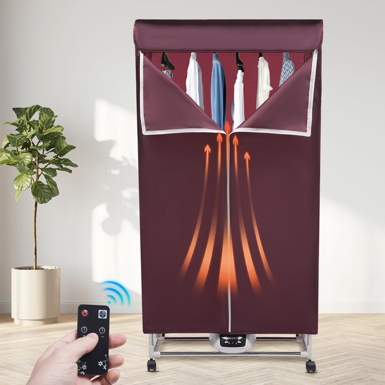 Portable Clothes Dryer, 1500W Power Electri with Timer, Laundry Apartment Dryer 2-Tier Electric Clothes Dryer Machine Stackable Clothes Drying Rack for Travel, Apartments, RV, Home(Wine Red)