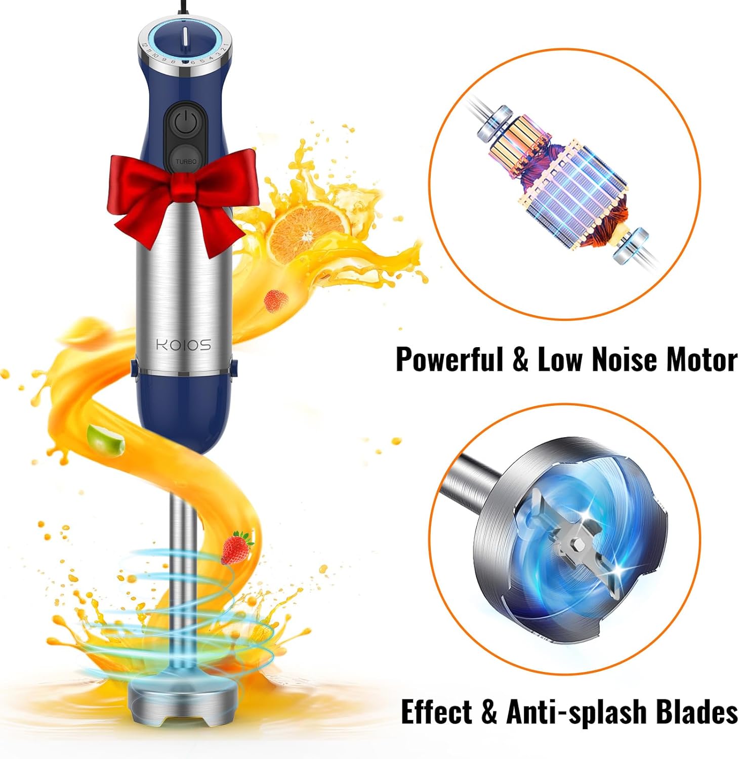 KOIOS 5-in-1 Hand Immersion Blender, 12 Speed Adjustable Emulsifier Handheld Blender, 1000W Copper Motor Stainless Steel Blade Hand Mixer with attachments, Blue