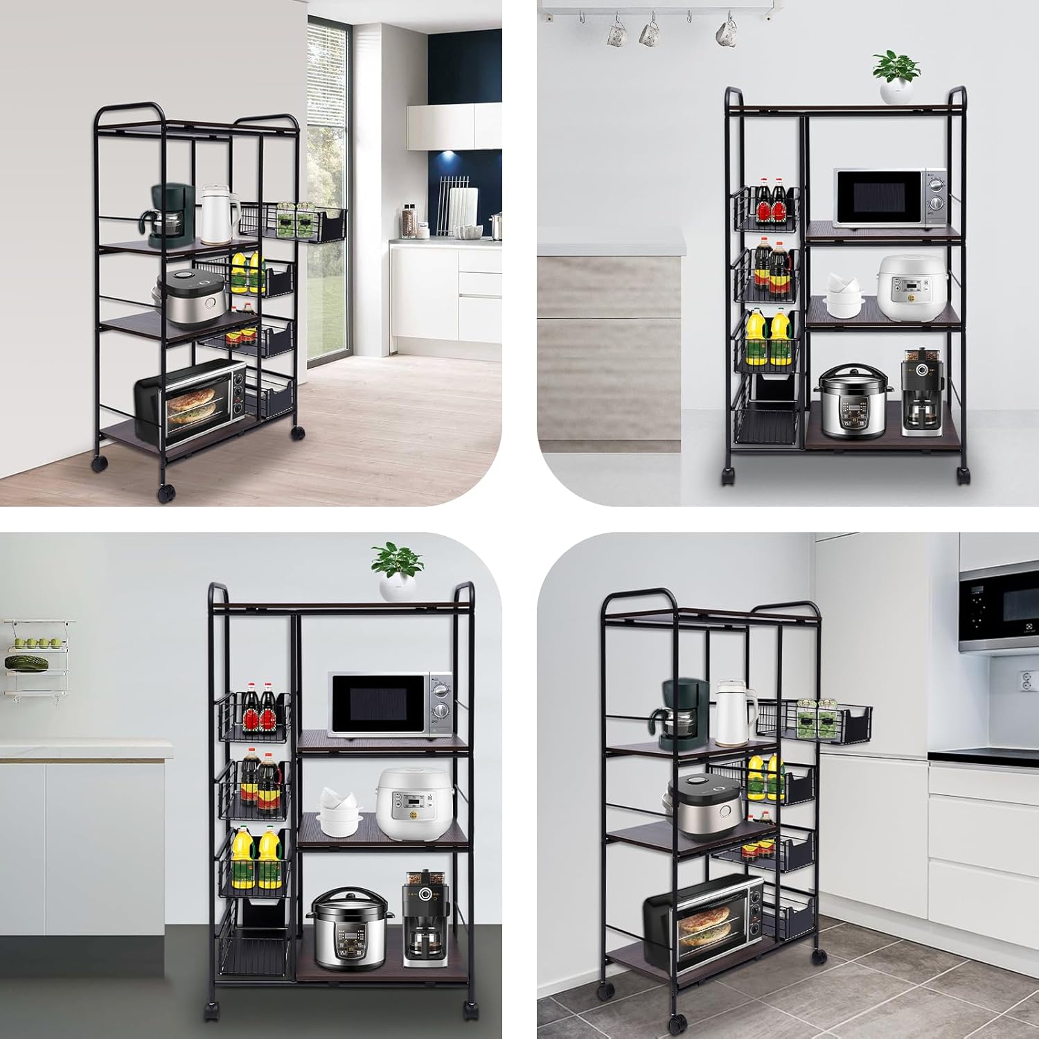 4-Tier Kitchen Standing Bakers Rack, Microwave Oven Stand Rack, Utility Workstation Stand, Kitchen Cart with Storage Basket & Wheels, Kitchen Organizer Shelf for Spices/Utensils Foods, Vintage Brown