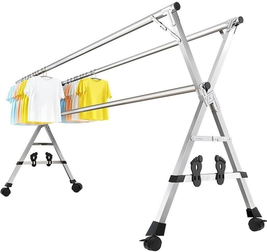 Laundry Rack Clothes Airer Folding Adjustable Laundry Rack Stainless Steel Garment Rack with 4 Universal Wheel Clothing Drying Rack Clothes Dryer Rack