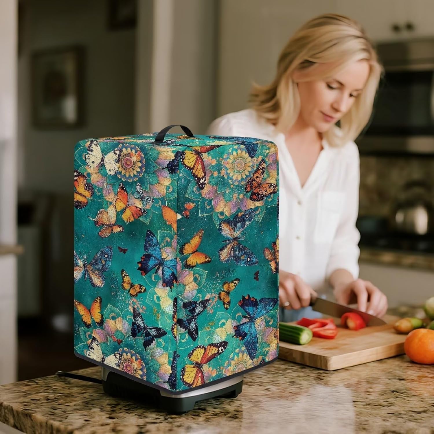 Retro Butterflies Kitchen Appliance Covers – Blender Dust Cover with Floral Prints, Fits Most Juicers & Stand Mixers, Foldable & Machine Washable, Home Kitchen