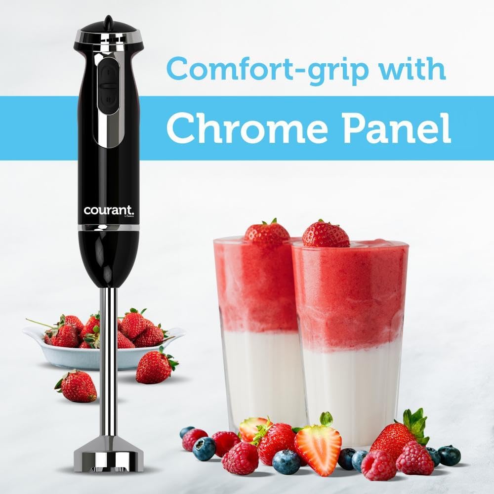 Courant Immersion Hand Blender with Stainless Steel Shaft, Variable Speed Control, Whisk Attachment, and 20 oz Measuring Cup