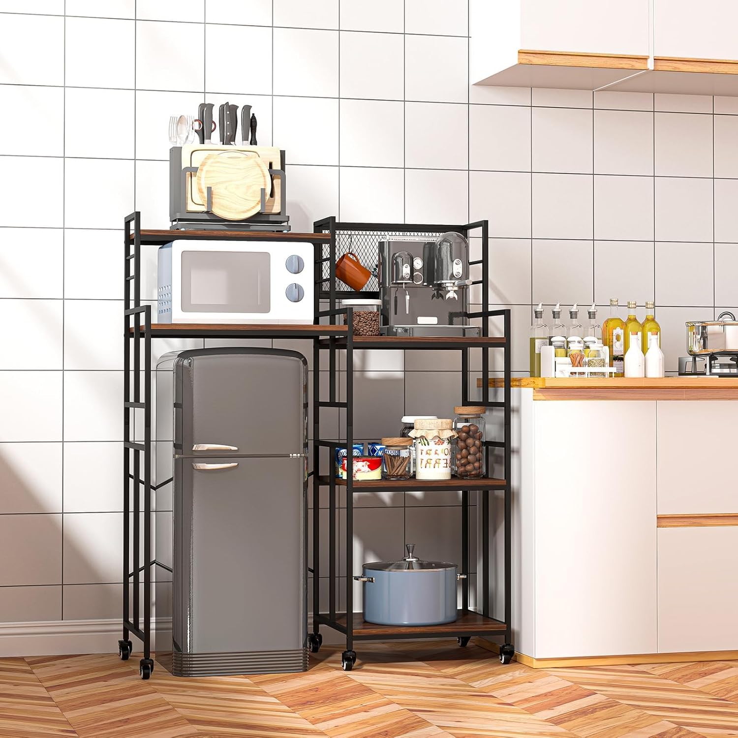 tonchean Mini Fridge Stand with Storage 6-Tier Kitchen Bakers Rack with Wheels Multi-Functional Microwave Oven Stand Table with Height Adjustable Shelves for Kitchen, Living Room, Office