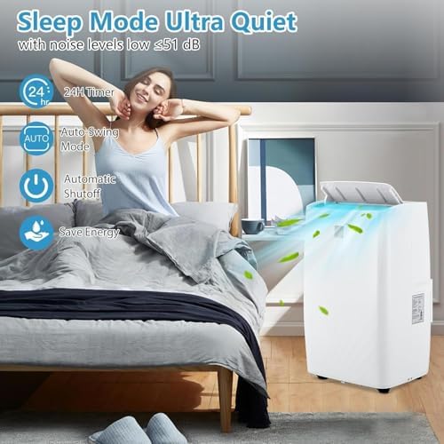 Garvee 14,000 BTU Portable Air Conditioner, 4 in-1 Portable AC Unit with Dehumidifier Cooling Fan Sleep Mode for Rooms 750 Sq.Ft, Remote Control, 24H Timer, LED Display, 2 Generation, White+White Cap