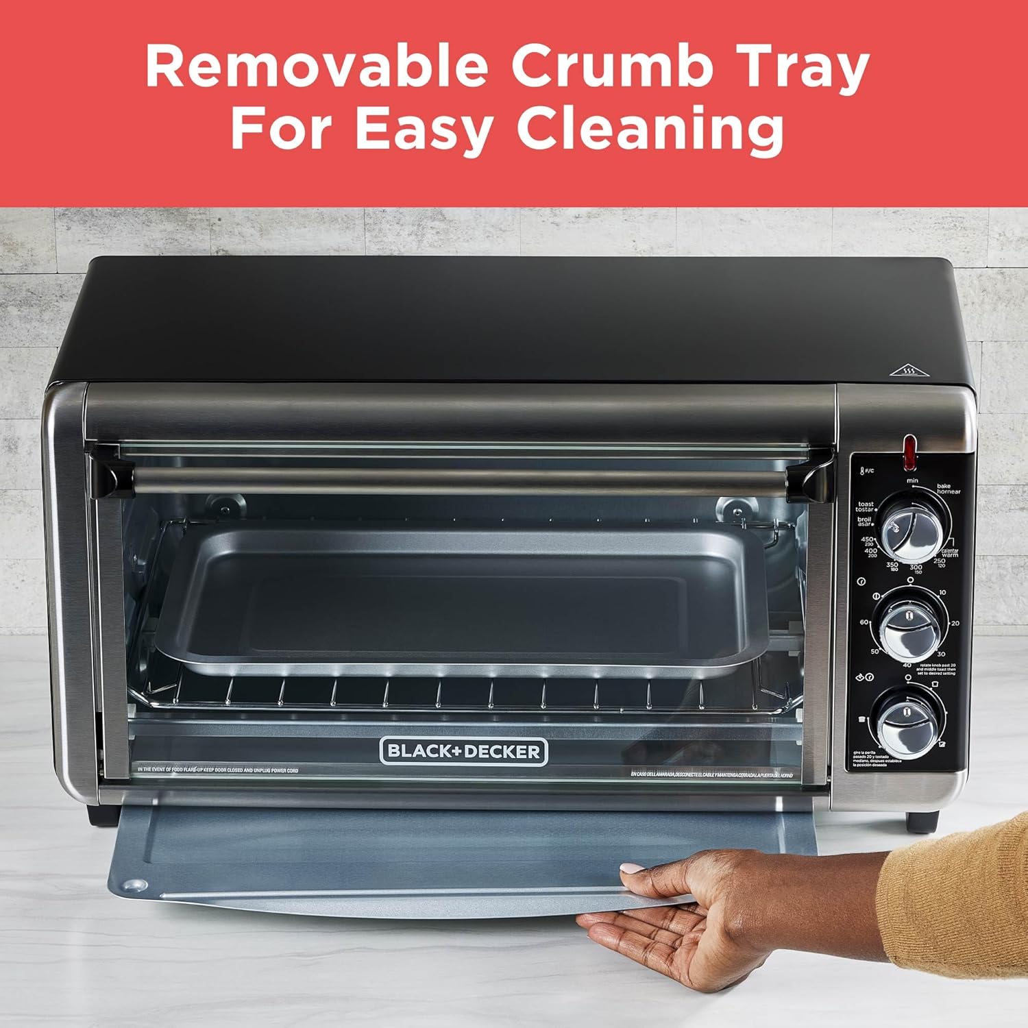 BLACK+DECKER TO3250XSBD 8-Slice Extra Wide Convection Countertop Toaster Oven, Includes Bake Pan, Broil Rack & Toasting Rack, Stainless Steel/Black