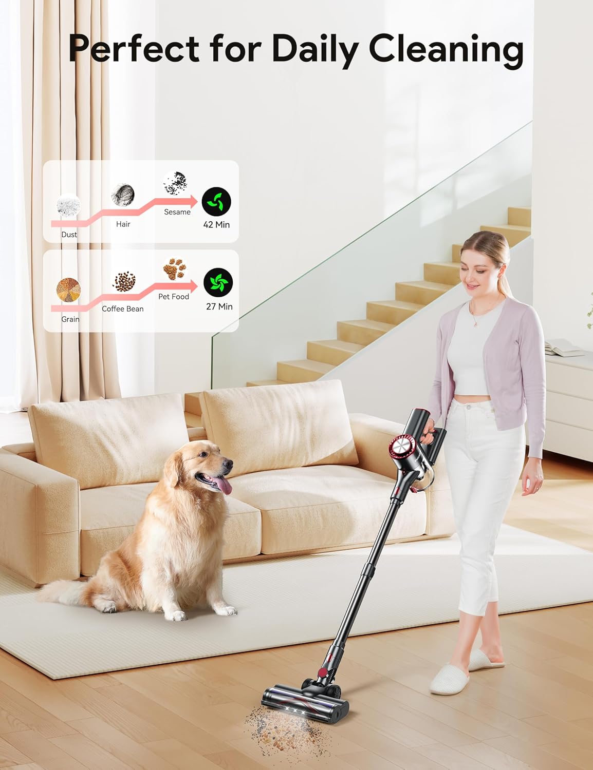 FUFACAL Cordless Vacuum Cleaner, 23KPA Stick Vacuum with 42Mins 2200mah Detachable Battery, 6 in 1 LED Display Lightweight Cordless Stick Vacuum Cleaner, Vacuum Cleaner for Home Hard Floor Car Carpet