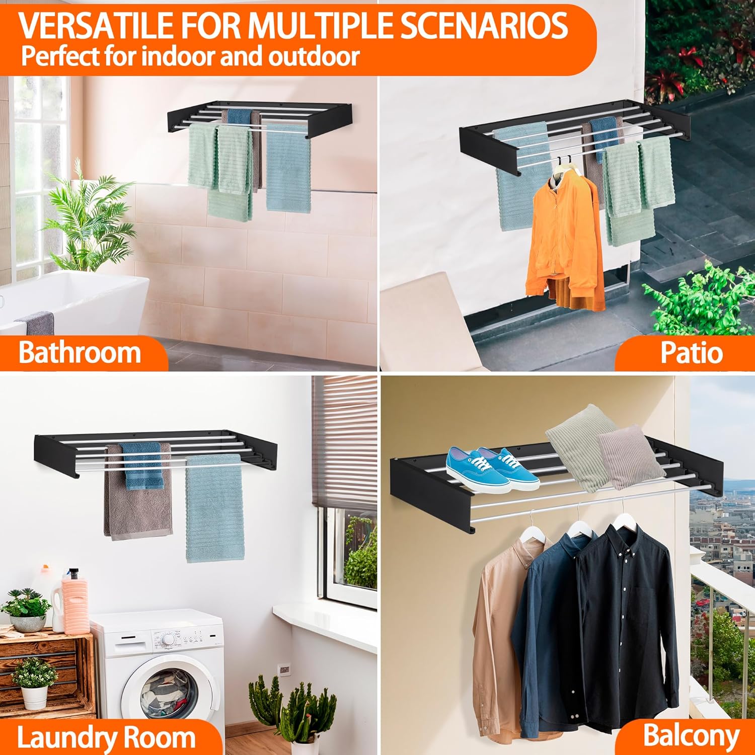 FOCHIER F Laundry Drying Rack Wall Mounted Clothes Drying Rack Collapsible with 5 Aluminum Rods and Drilling Template Long Screwdriver Bit 60 lbs Capacity (Black, 40