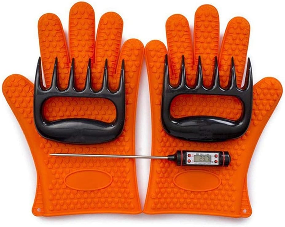 BBQ Tool Set,Outdoor Cooking Utensils,5-Piece BBQ Tongs Brush,Camping Accessories,Thermometer Gloves