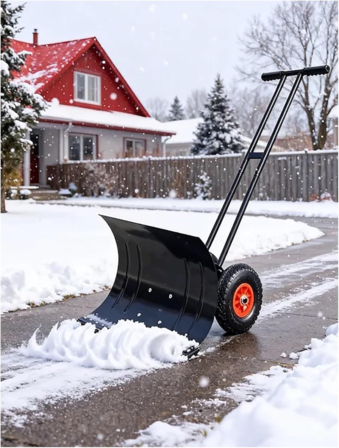 Hand Push Snow Shovel, Manual Snow Blower, Double Pole Steel Snow Removal Shovel with Wheels, Rolling Snow Pusher, Winter Snow Removal Tool(100x43cm/39.3x17in)