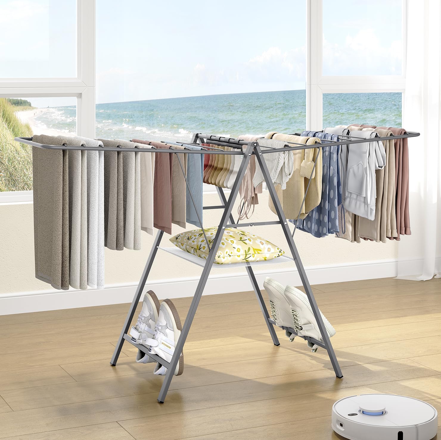 APEXCHASER Clothes Drying Rack Foldable, Metal Laundry Drying Rack Collapsible, Portable Compact Clothes Rack for Sweater Baby Clothes Towel Indoor & Outdoor, Height Adjustable Clothes Airer, Grey