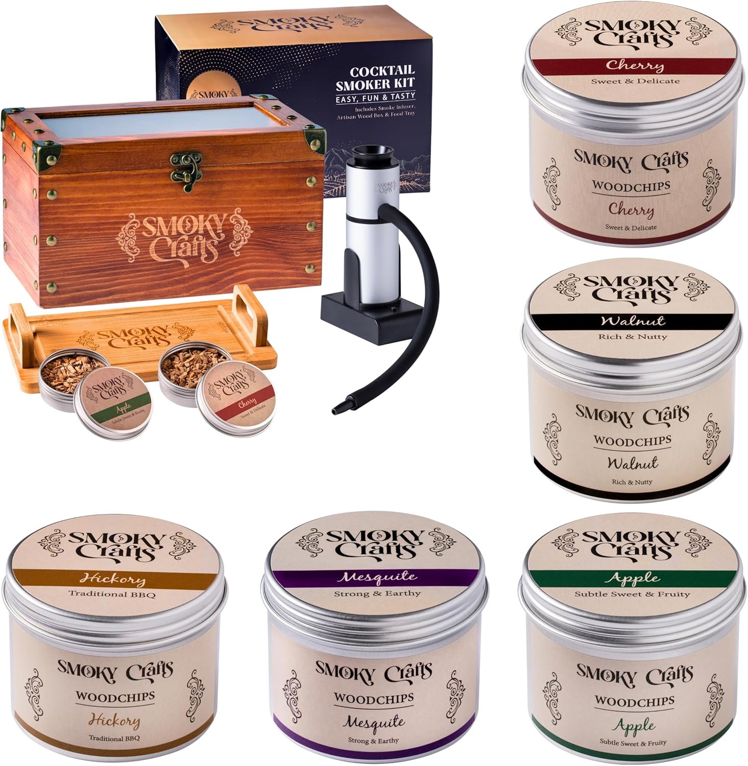 5 Flavors Wood Chips Set + Smoker Box Kit by Smoky Crafts