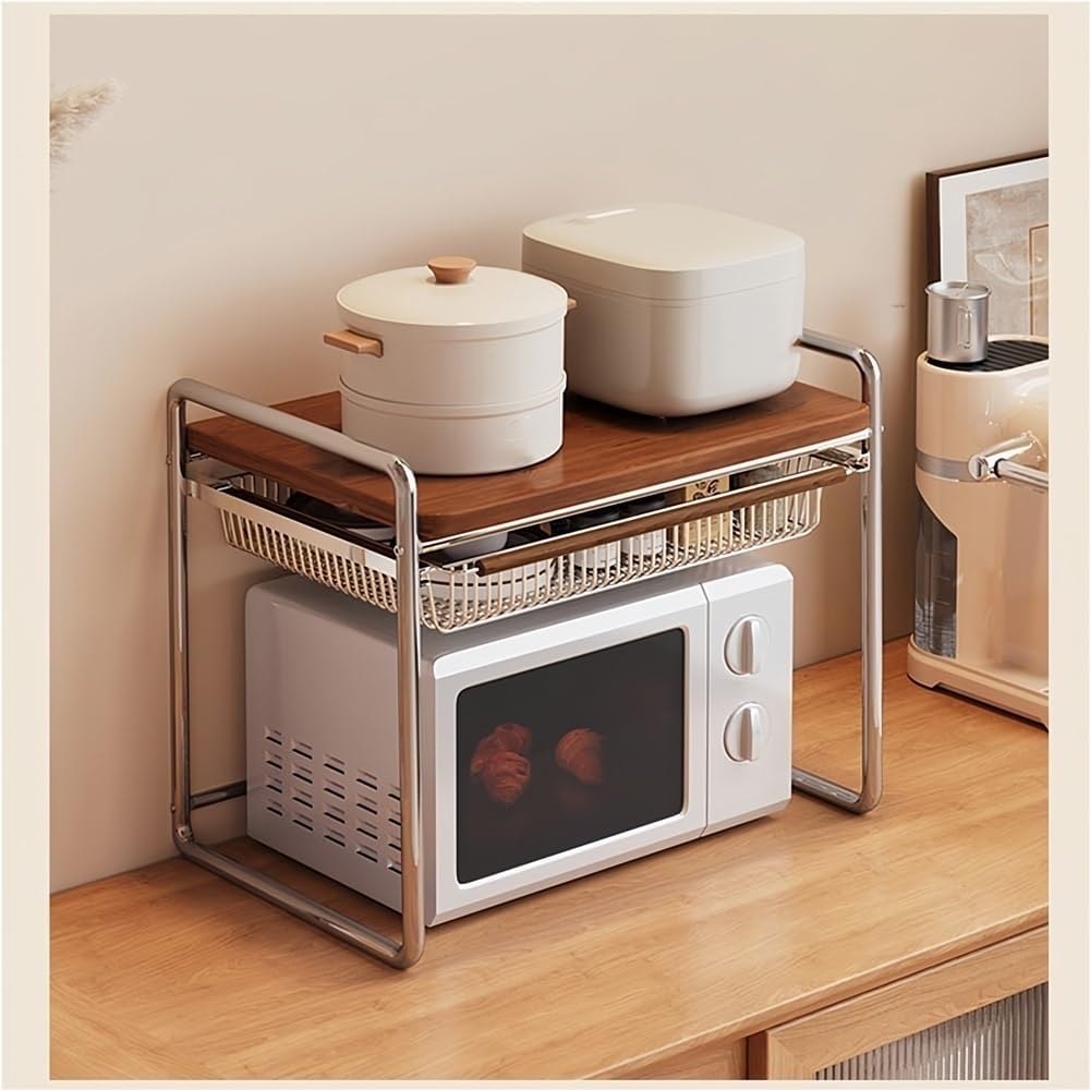 Wood Microwave Oven Rack, Metal Over The Microwaves Shelf with Storage, Kitchen Storages Shelves for Home, Office(18.89in)