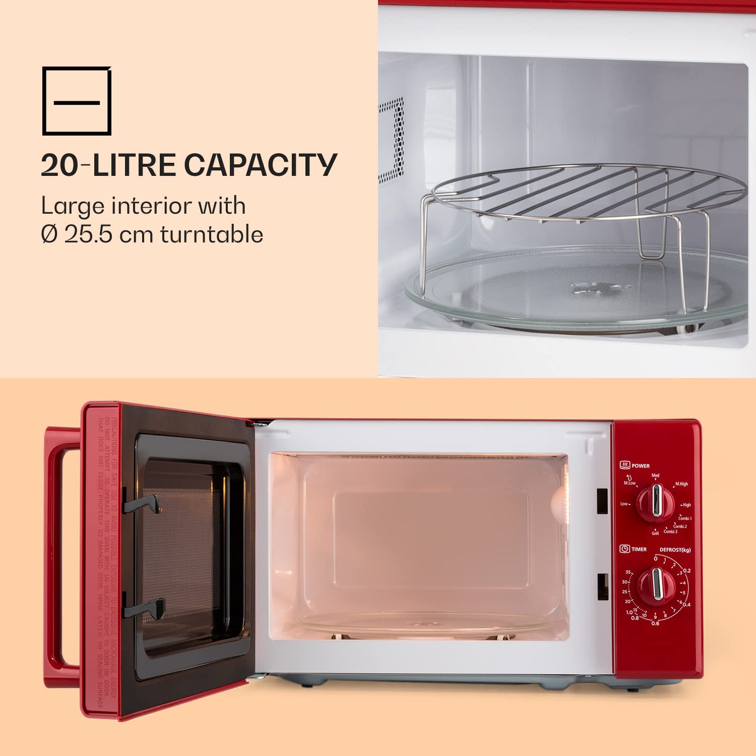Klarstein Caroline - Freestanding Microwave Oven, 20L, 700/1000 W, Ø25.6 cm, 5 Power Levels, 3 Combined Functions, Stainless Steel Interior and Case, Retro Look, Red
