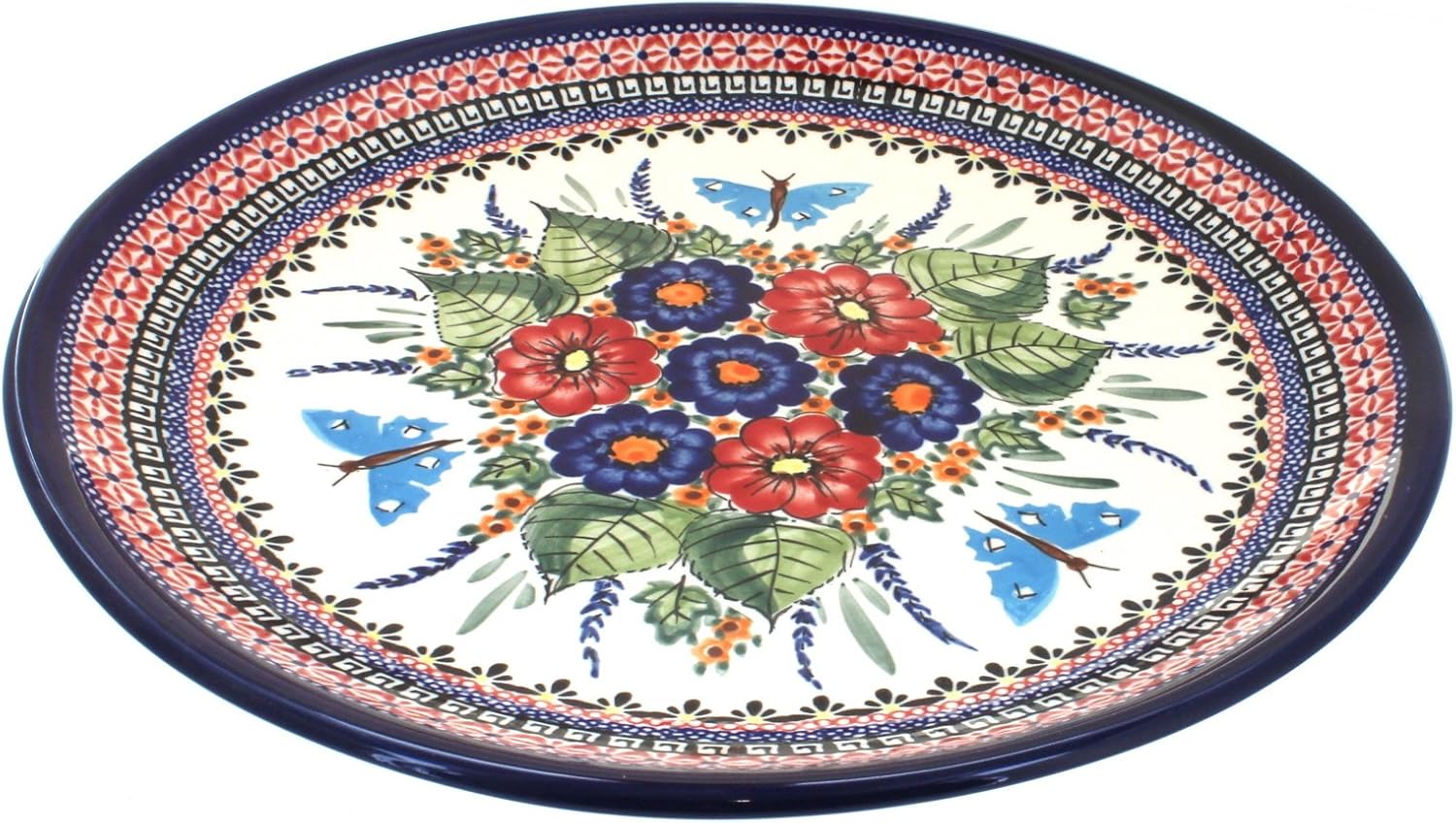 Blue Rose Polish Pottery - Red Floral Butterfly Large Round Platter - 13