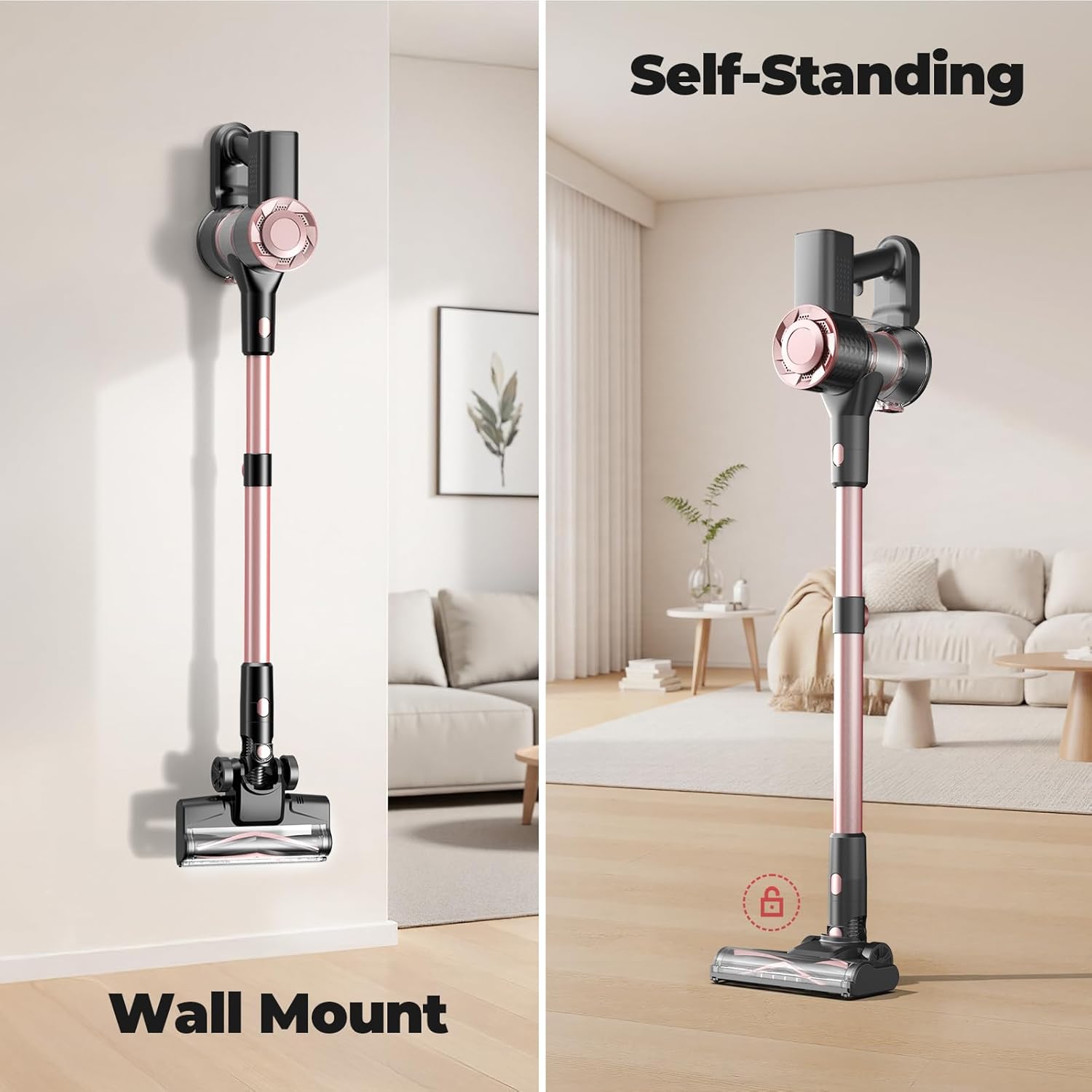 Cordless Vacuum Cleaner, Powerful Lightweight Stick Vacuum with Self-Standing, Anti-Tangle, 8-in-1 Rechargeable Vacuum Cleaners for Home, Hardwood Floors, Carpet, Pet Hair (Pink)