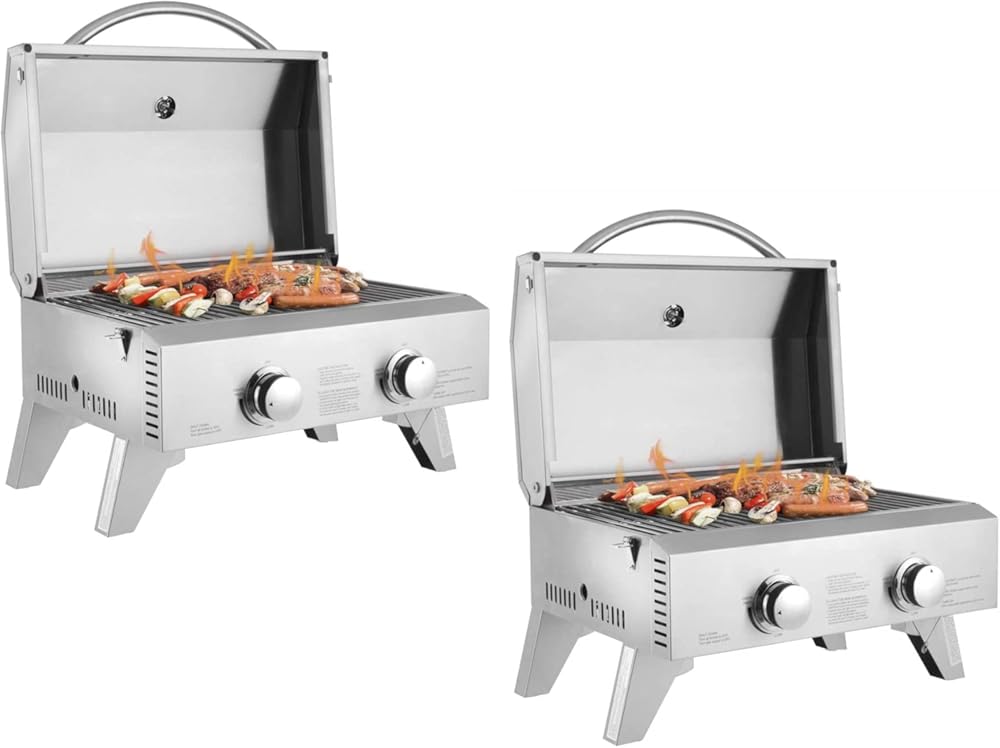 ROVSUN 2 Piece Portable Propane Gas Grill, 20,000 BTU Tabletop Grill Outdoor Cooking Stove with Foldable Legs,Regulator, 2 Burner Stainless Steel for Picnic Camping Trip, Tailgating, Patio Garden BBQ Home Use