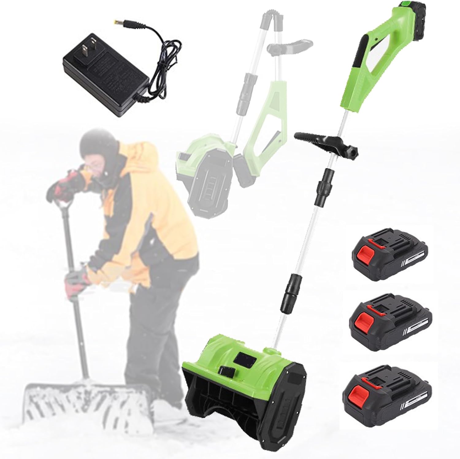 Cordless Snow Shovel, Battery Powered Wireless Brushless Snow Blower, Foldable Push Snow Sweeper with Telescopic Pole, Adjustable Direction & 3 Battery,Green