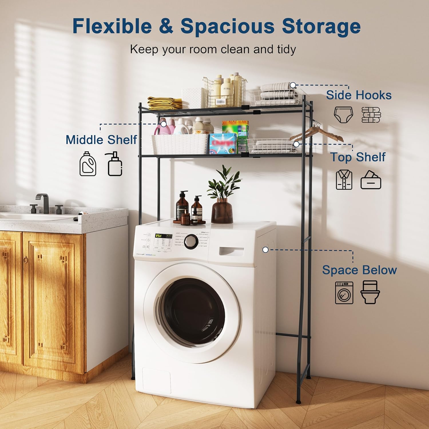 Laundry Room Storage Shelf & Organizer, 2 Tier Metal Over Washer and Dryer Shelves, Washing Machine Shelf with Hanger Rod, Expandable Bathroom Space Saver Shelf, 26–37