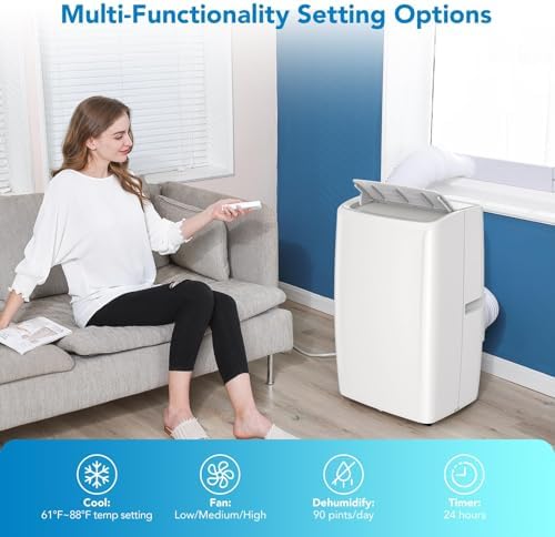 Portable Air Conditioner 14000BTU(ASHRAE) with Remote Control and 24H Timer, 3 IN 1 Low Noise Portable AC Unit with Dehumidifier and Fan, up to 750Sq. Ft. For Bedroom, Living Room, Office