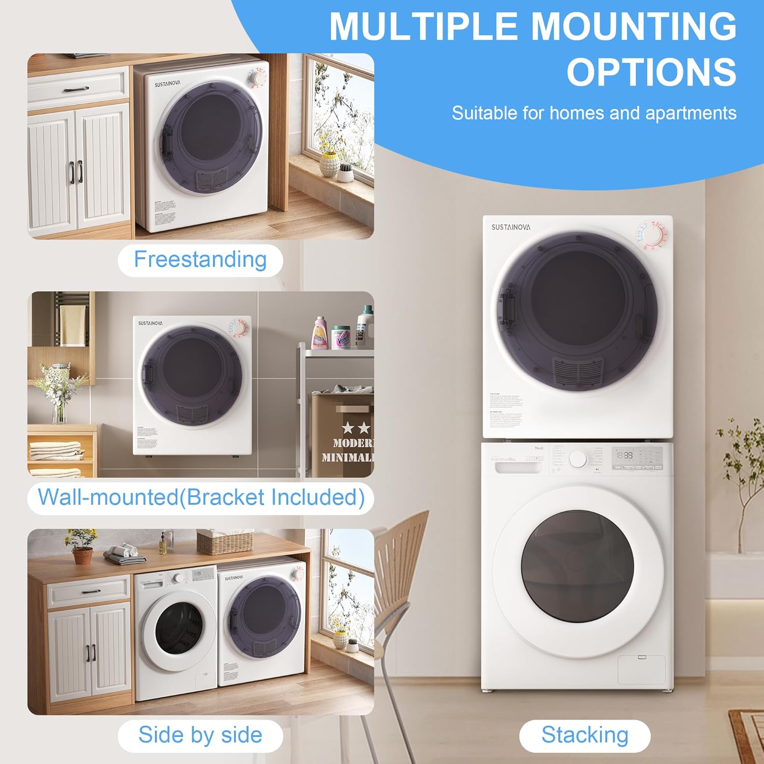 Elevon 800W Portable Clothes Dryer, 2.6 cu.ft Electric Drying Machine for Laundry with Stainless Steel Tub for Apartment, Rvs, Dorms, Compact Dryer for Small Space, White