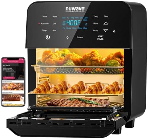 Nuwave Brio 15.5Qt Air Fryer Rotisserie Oven, X-Large Family Size, Powerful 1800W, 4 Rack Positions, 50°-425°F Temp Controls, 100 Presets & 50 Memory, Integrated Smart Thermometer, Linear T Technology