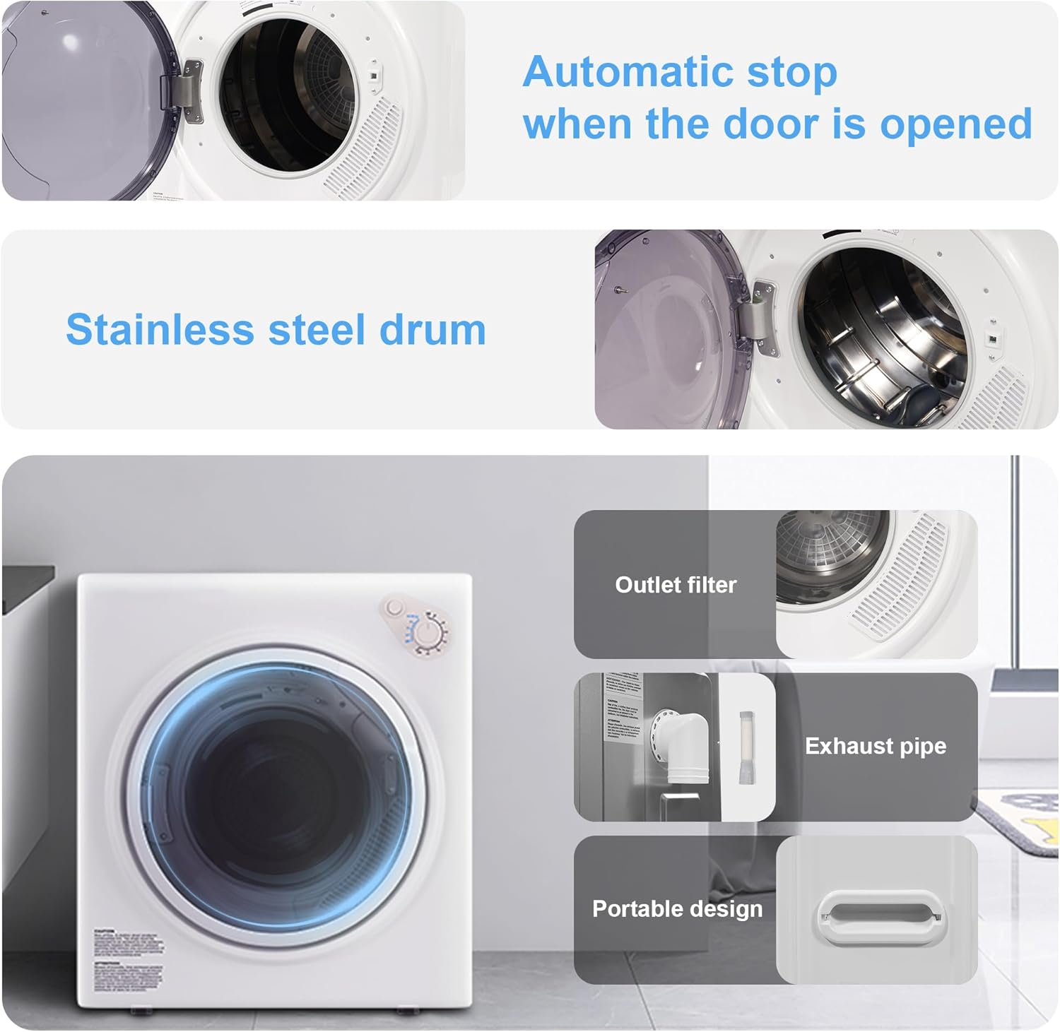 Elevon 1500W Portable Clothes Dryer, 3.5 cu.ft Electric Drying Machine for Laundry with Stainless Steel Tub for Apartment, Rvs, Dorms, Compact Dryer for Small Space, Black/White