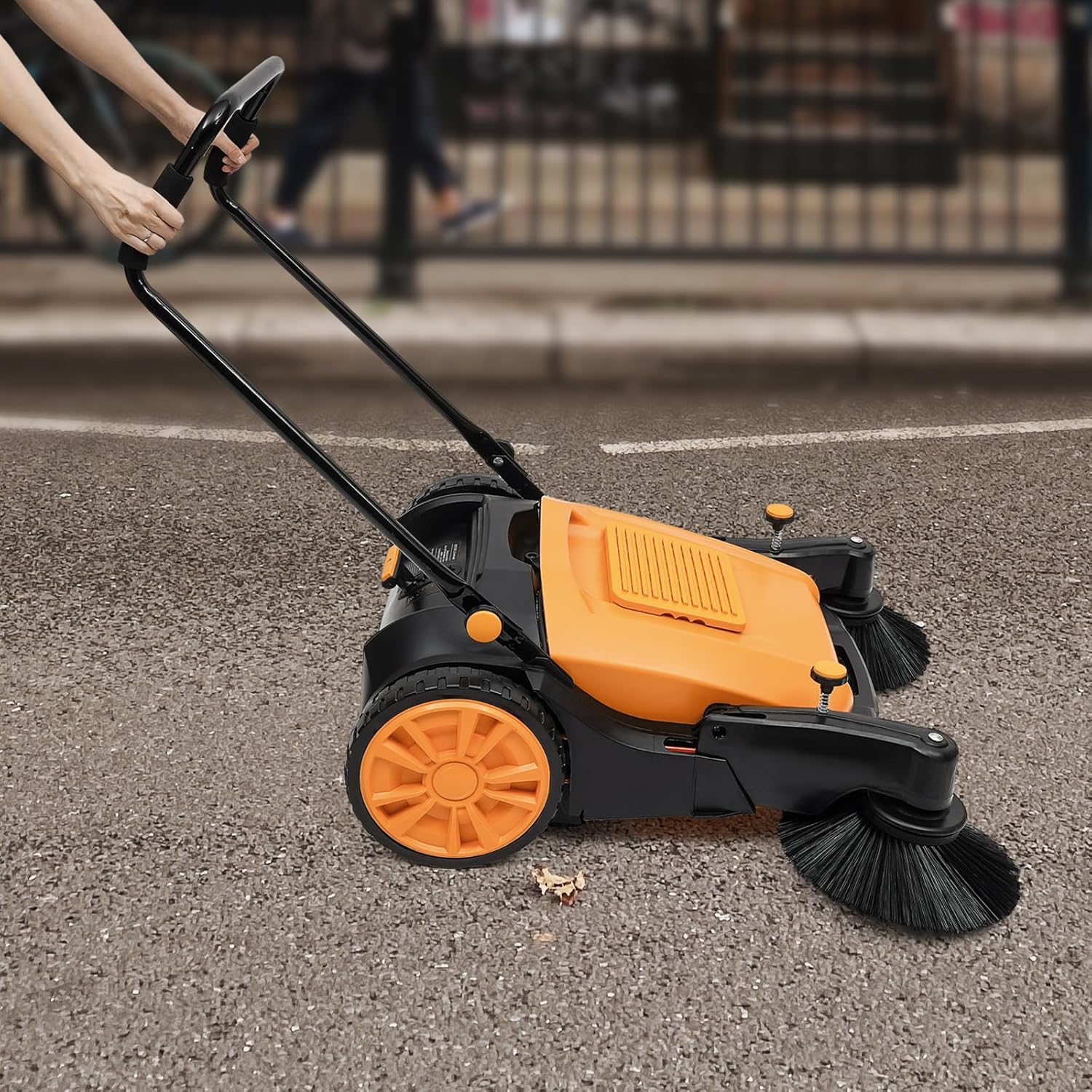 Walk-Behind Outdoor and Indoor Hand Push Sweeper 14.53 Gallon Capacity 41.34in Sweeping Width with Brushes,Yellow