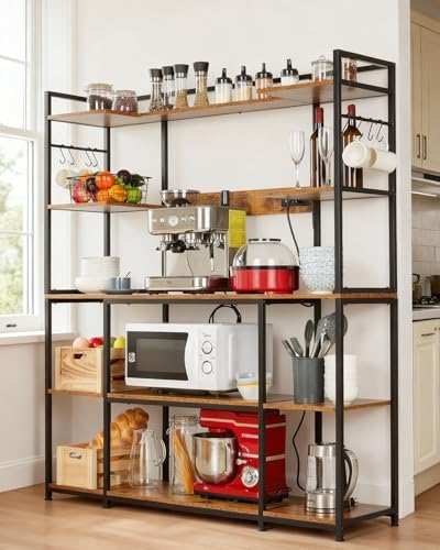 Garvee Kitchen Bakers Rack with Power Outlet 55 * 66inch, Microwave Oven Stand with Storage 4 Tiers, Coffee Bar Table with 6 S Hooks, Kitchen Storage Shelf Rack for Spices, Pots, Rustic Brown