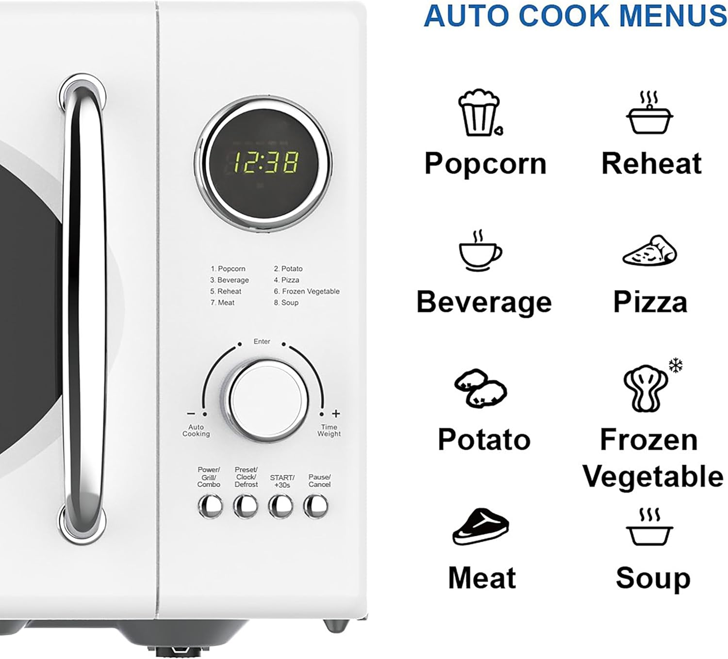 Emerson MWRG0901W 0.9 Cu. Ft. Retro Microwave with 1,000W Grill Function, 800W Cooking Power, LED Display, 5 Power Levels, 8 Auto Menus, Glass Turntable, Child Lock, White Countertop Design