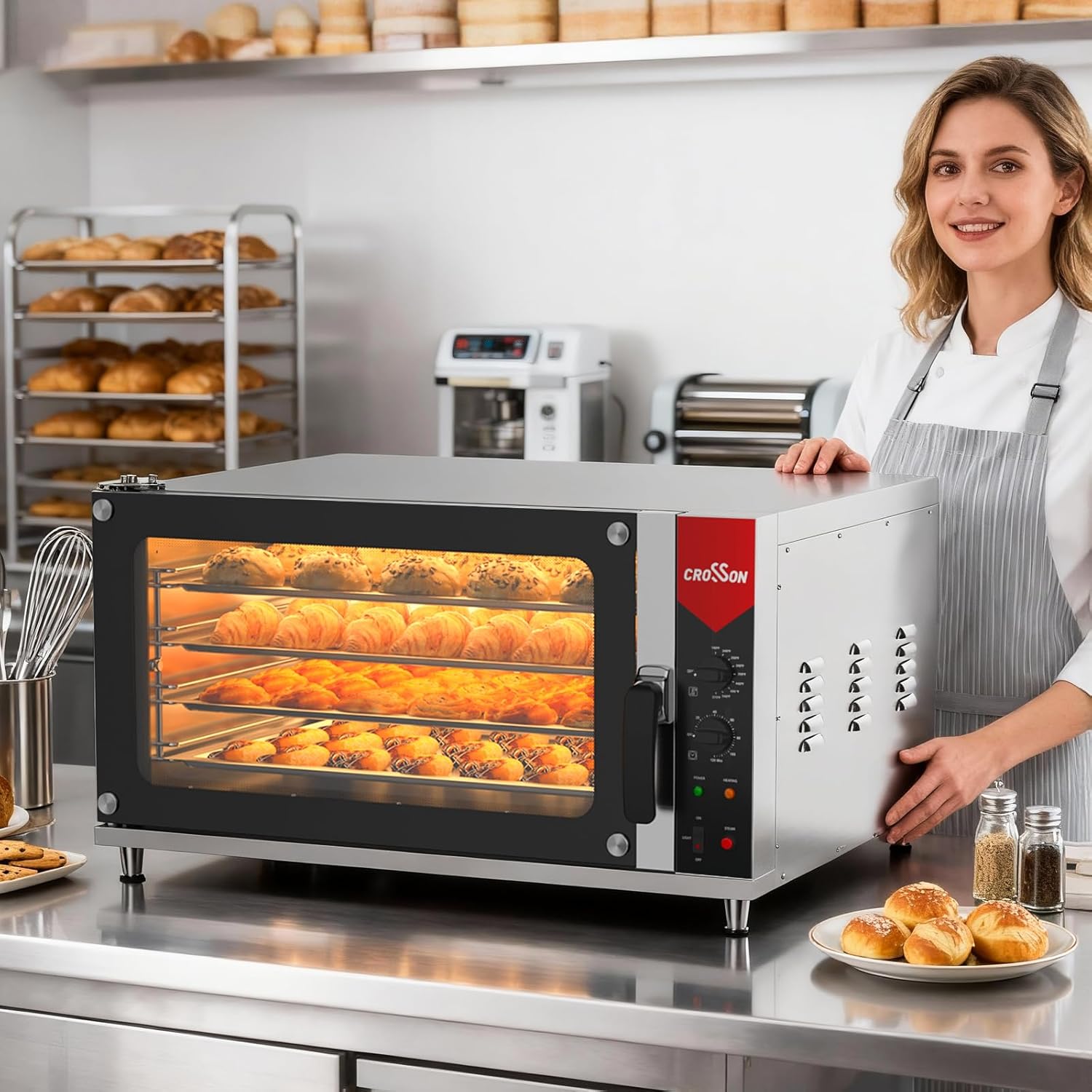 CROSSON Commercial Convection Oven Full Size 125L/4.4 cu.ft.,240V/4500W Conventional Oven Countertop 4-Tier Commercial Toaster oven w/Front Glass Door, w/Trays Wire for Restaurant Bakery