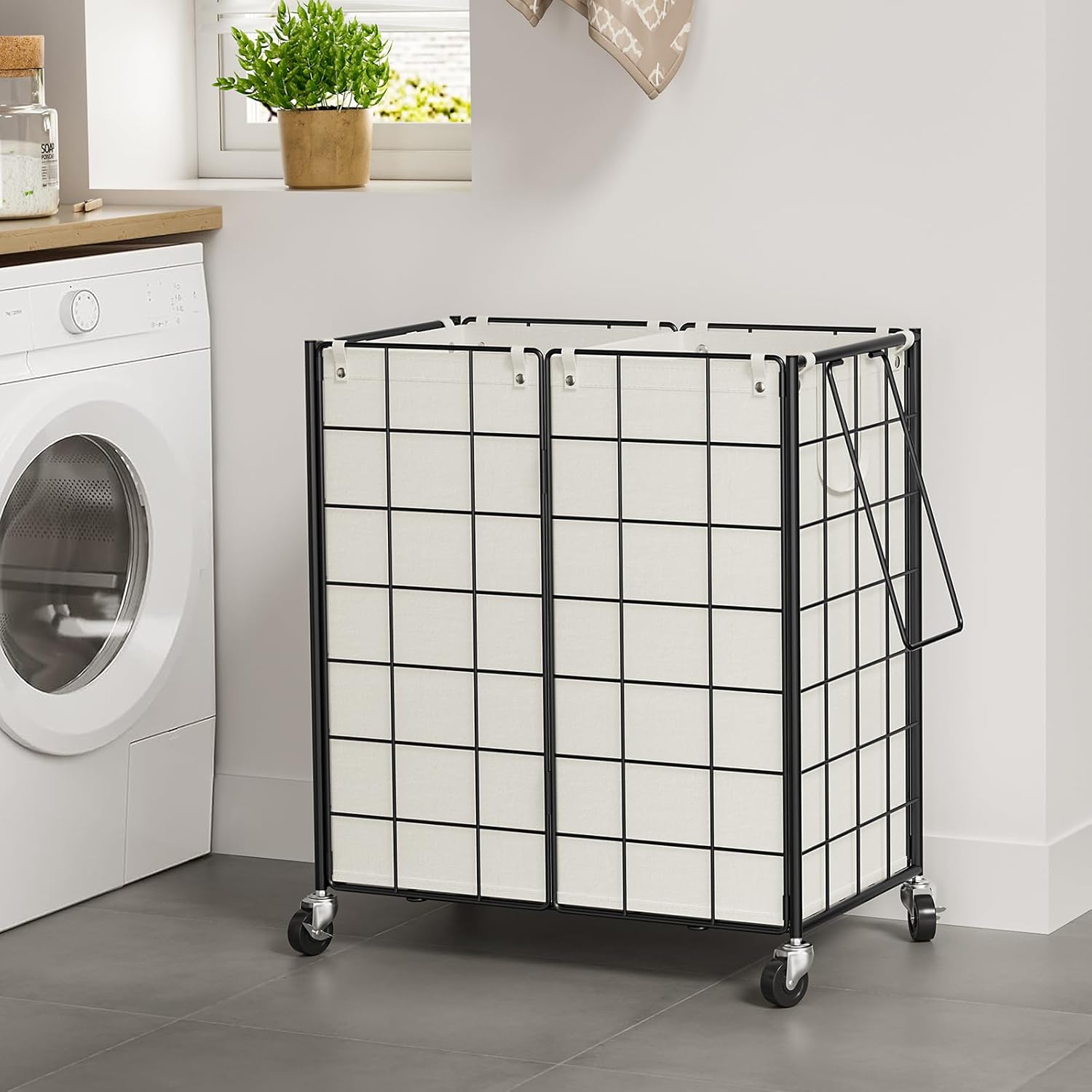 WOWLIVE Double Laundry Hamper with Wheels,Metal Wire Frame Rolling Laundry Basket with 2 Removable bags,120L Dirty Clothes Hamper Organizer Dorm Room Storage for Bedroom,Bathroom,Black and White