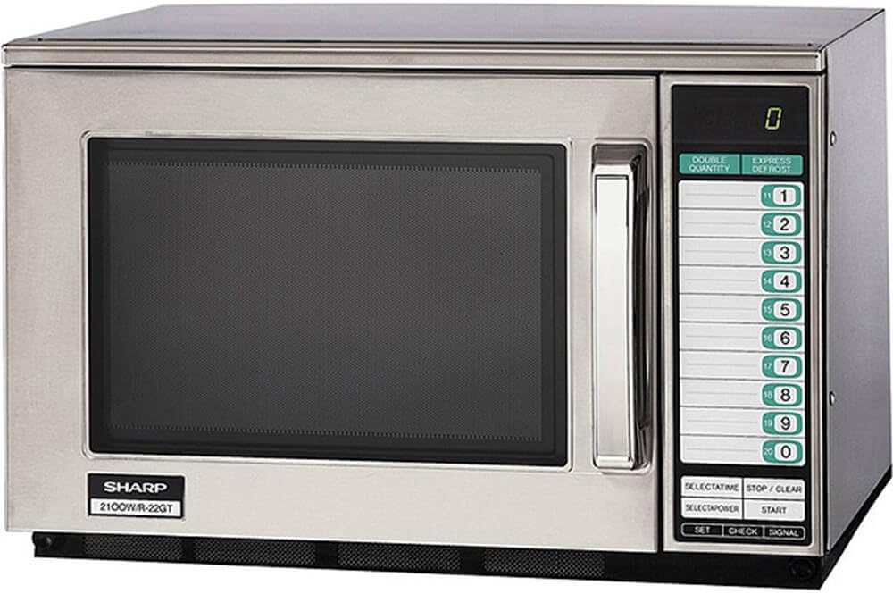 Sharp R-22GT Commercial Microwave Oven, Heavy Duty, 1200 Watt, 0.70 cu. ft. Capacity, Stainless Steel, 20 Program Inputs, 11 Power Levels, Express Defrost, 3-Stage Cooking, Digital Display
