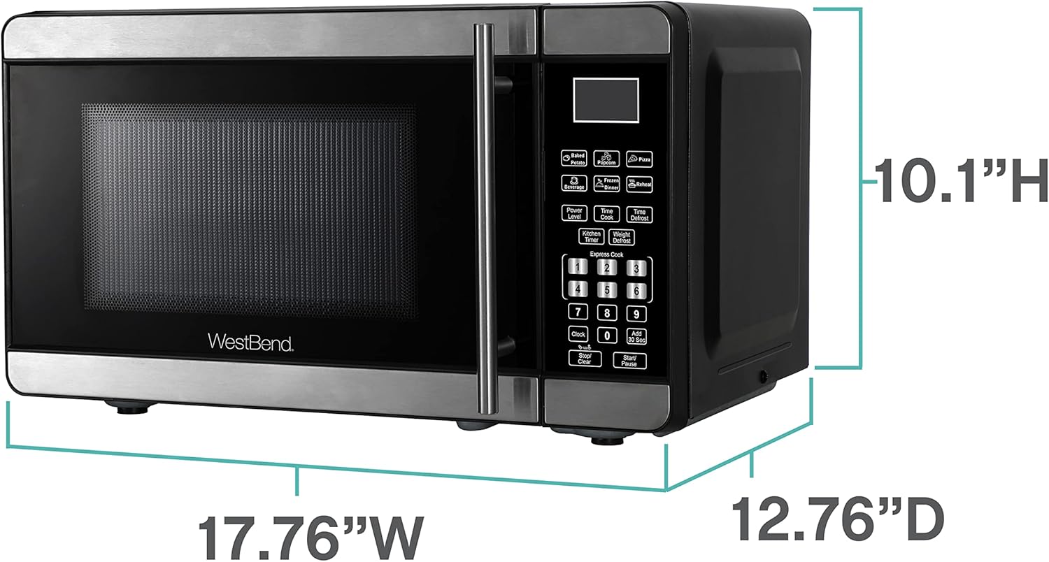 West Bend Microwave Oven 700-Watts Countertop Compact Footprint with 6 Pre Cooking Settings, Speed Defrost, Electronic Control Panel and Glass Turntable Perfect for Small Spaces, 0.7-Cu.Ft., Metallic