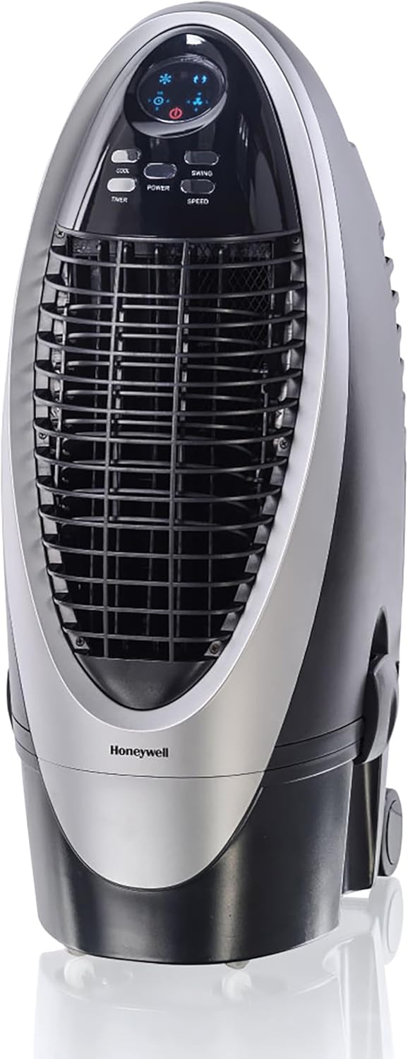 Honeywell 300 CFM Indoor Portable Evaporative Cooler, Fan & Humidifier with Detachable Tank, Carbon Dust Filter & Remote Control, Silver/Gray