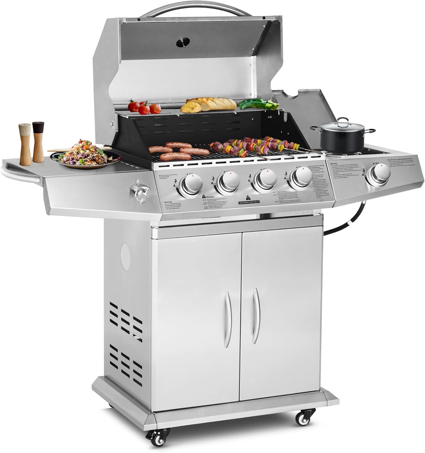 Polar Aurora Propane Gas Grill 4 Burners with Side Burner, Stainless Steel Grill Cart with Wheels for Outdoor Patio Garden Backyard Cooking bbq Grill