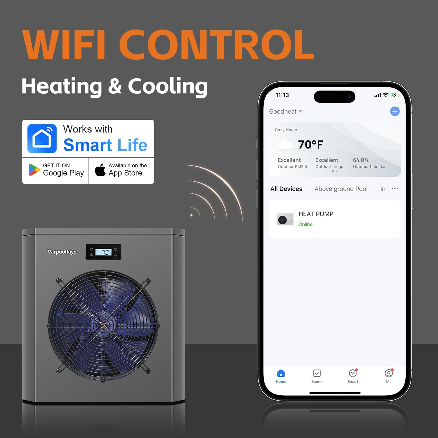 Swimming Pool Heater Pump 16000 BTU Above Ground Pool Heater 5000 Gallon WiFi Control Schedule Heating and Cooling 120V Pool Heater