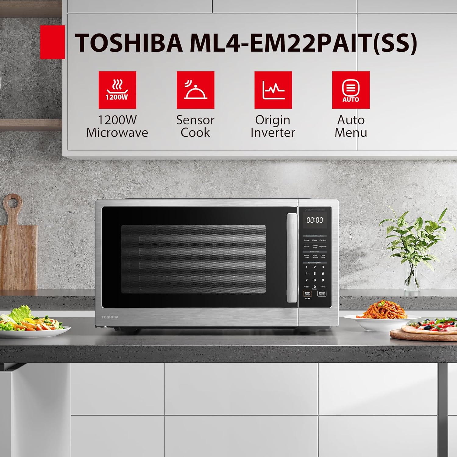TOSHIBA ML4-EM22PAIT(SS) Countertop Microwave Oven with Sensor Cook, 6 Auto Menus, Origin Inverter, Child Lock, 2.2 Cu Ft for Large Family, 16.5 Inch Removable Turntable, 1200W, Stainless Steel