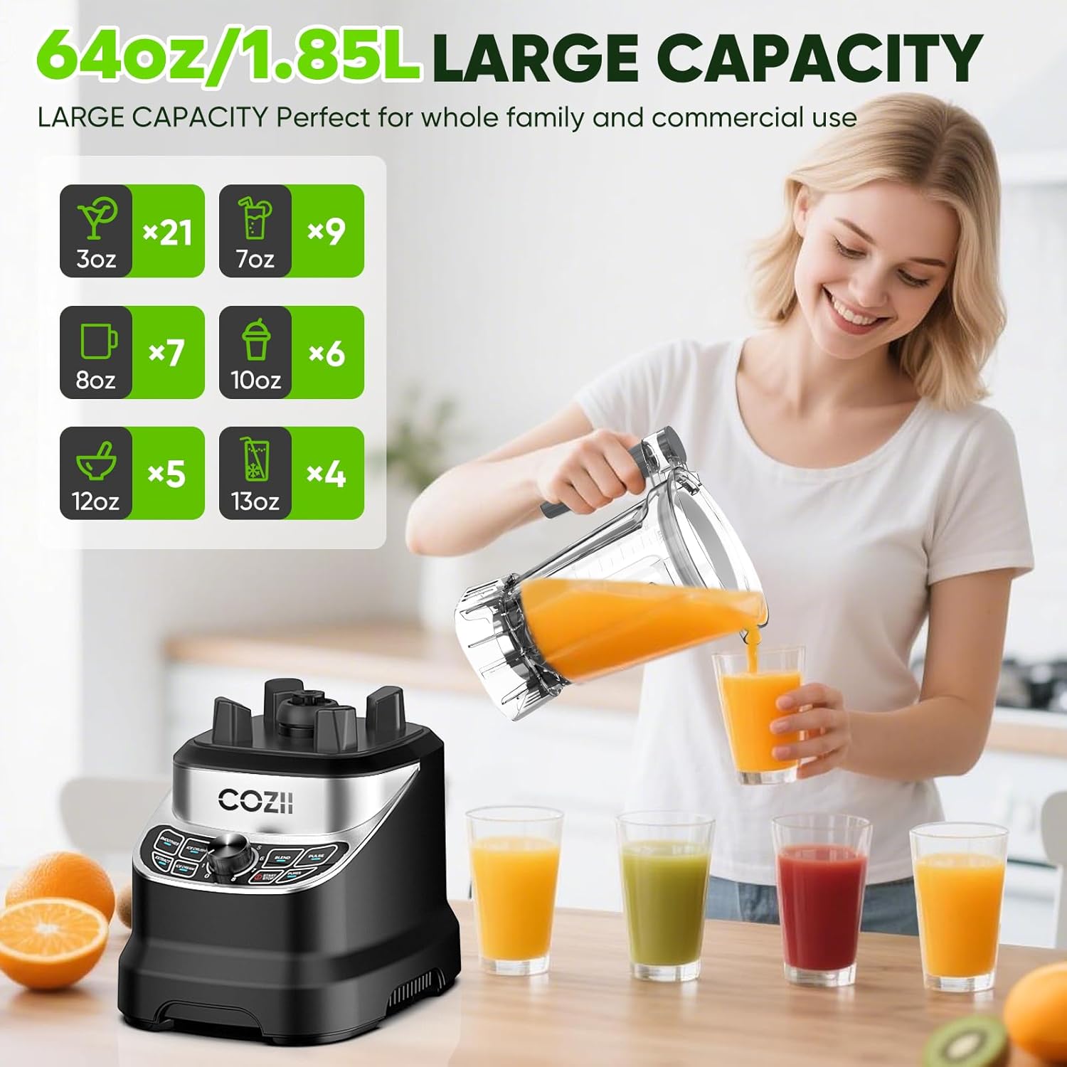 Professional Blender 2000W, Smoothie Countertop Blenders for Kitchen,7 Preset Programs for Ice Crush/Frozen Drinks/Dips/Nut Butter, High Speed, Dishwasher Safe (Dark)