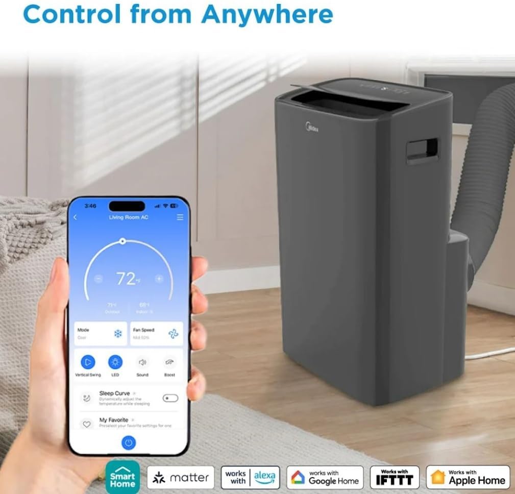 Midea 10,000 BTU DOE Smart Portable Air Conditioner with Heat, For Spaces up to 450 sq. ft., Alexa & Google Assistant Compatible, 24-hour Timer MAP10HS1XWGR-T