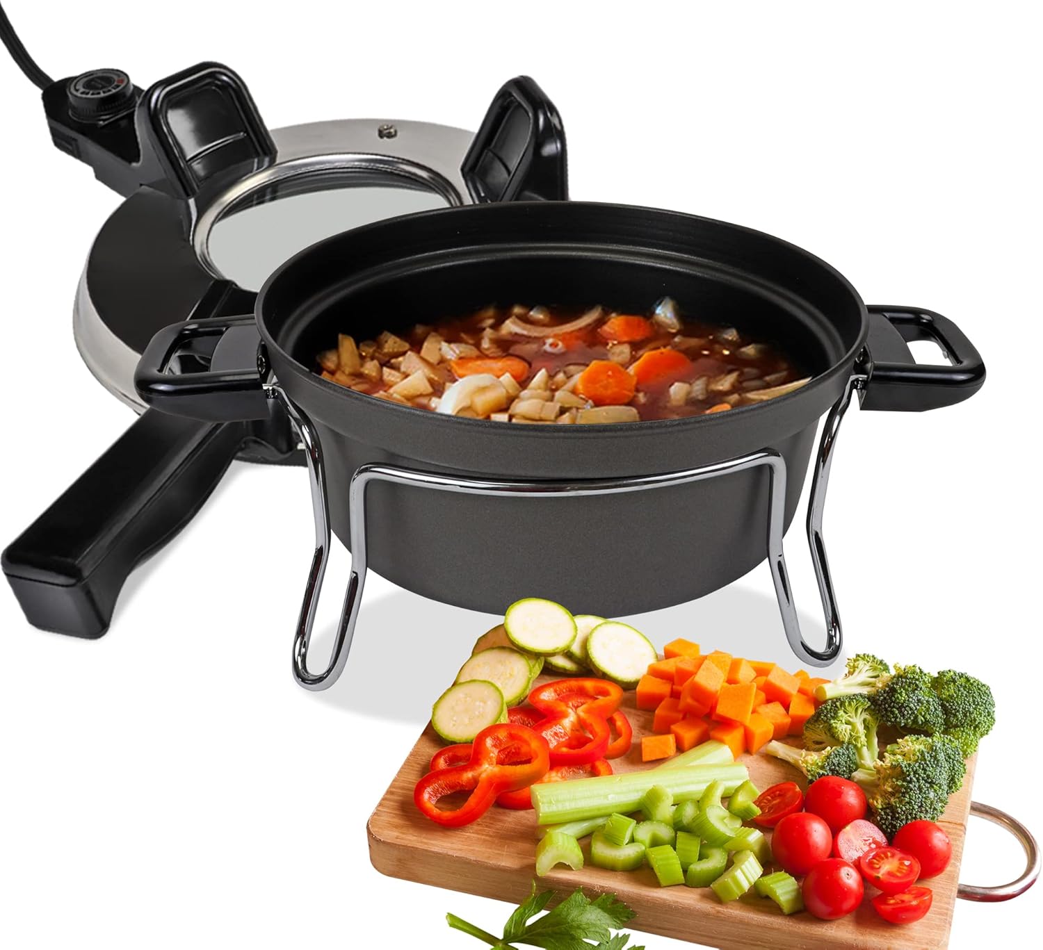 Total Chef Czech Cooker The Ultimate Electric Oven with Adjustable Thermostat Versatile Cooking Options Efficient Heating Non-Stick Pot Portable Design and Heat-Safe Stands