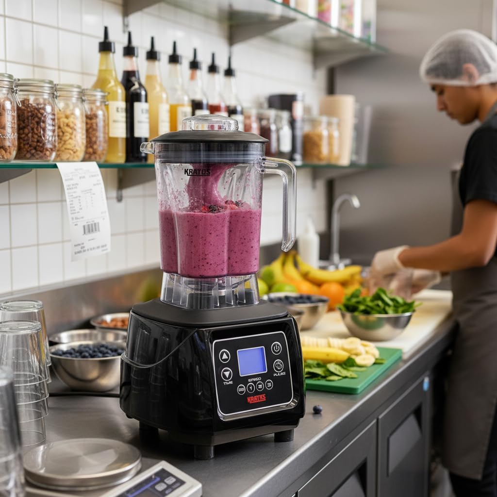 Kratos Commercial 3.5HP Blender, Touchpad Controls with Timer, Pulse Feature, 64 oz. Jar, 120V, 1800W, NEMA 5-15P Plug, Black Countertop Professional Blender (29B-007)