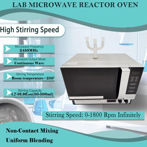 Lab Microwave Reactor Continuous Radiation Oven 800W Output,with Magnetic Stirring 1.7-16.9fl.oz,304 Stainless Steel Chamber, Safety Auto-Stop,0-1800rpm,LCD Display 220V 1PH