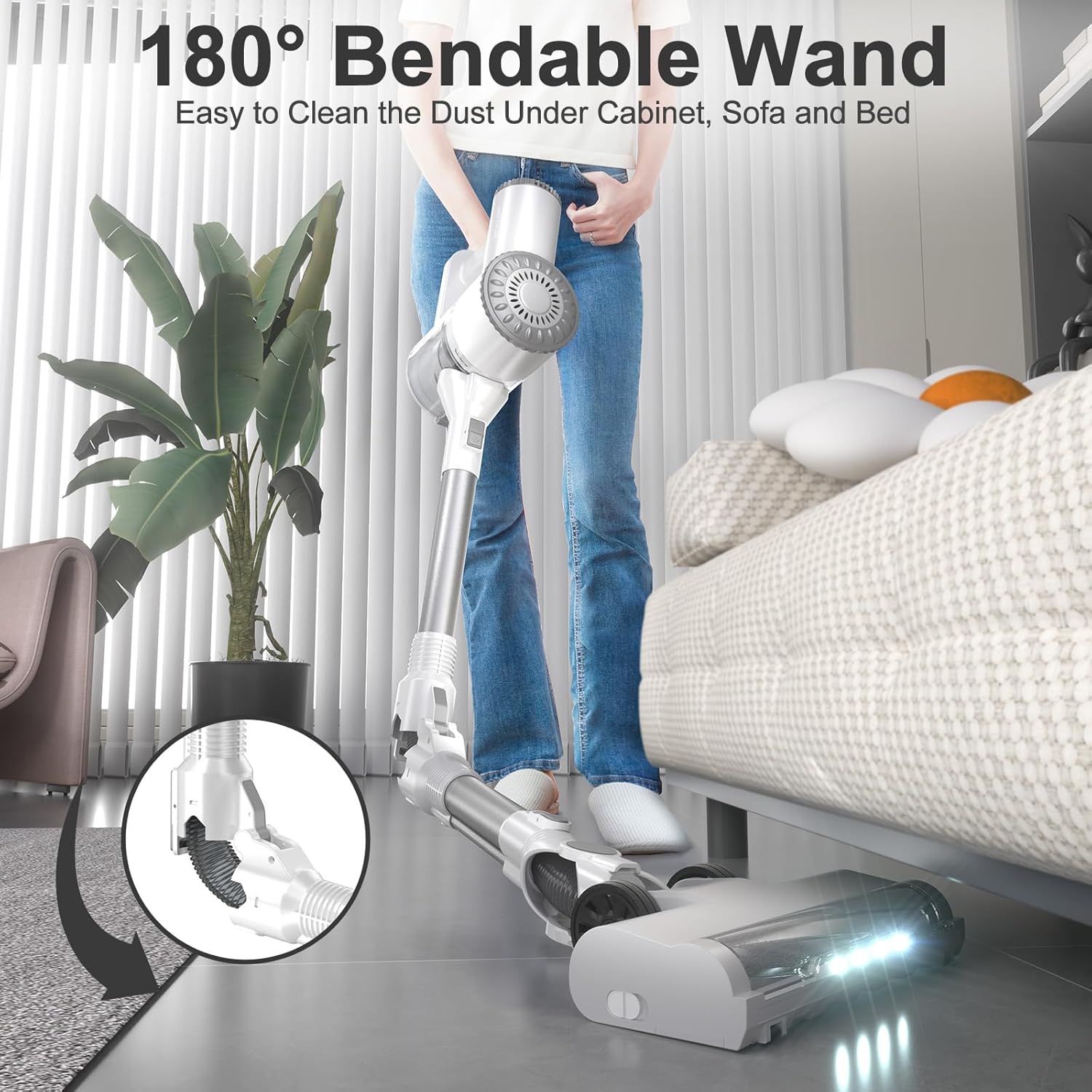 Cordless Vacuum Cleaner, Lightweight Stick Vacuum Cleaner, 6 in 1, Self-Standing with Powerful Suction, 180° Bendable Wand Rechargeable Cordless Vacuum for Hardwood Floor (White)