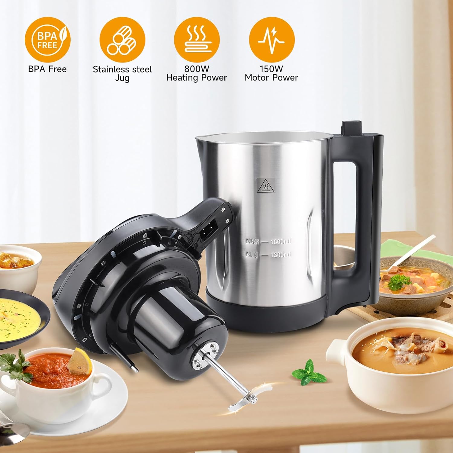 Homtone 1.6L Soup Maker Machine, Stainless Steel Soup Maker Blender with Smooth & Chunky Settings, Anti-Dry Burn, Overfill Sensors, Ideal for Quick Soups, Baby Food