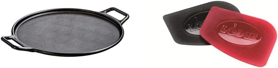 Lodge BOLD 14 Inch Seasoned Cast Iron Pizza Pan, Design-Forward Cookware & SCRAPERPK Durable Pan Scrapers, Red and Black, 2-Pack