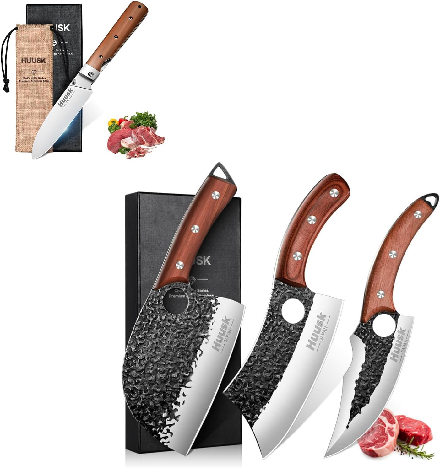 Huusk Folding Chef Pocket Knife with Butcher Knife Set Home & Outdoor Cooking BBQ Knives