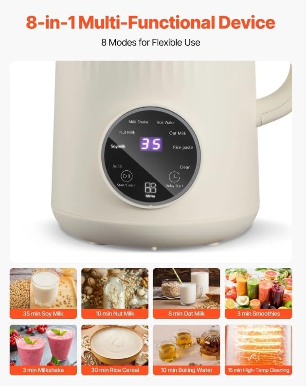 8 in 1 Nut Milk Maker Blender, 32oz Homemade Soy, Almond, Oat, Coconut, Plant Based and Non Dairy Beverages, Automatic Soybean Machine With Delay Start/Keep Warm/Boil Water, Cream