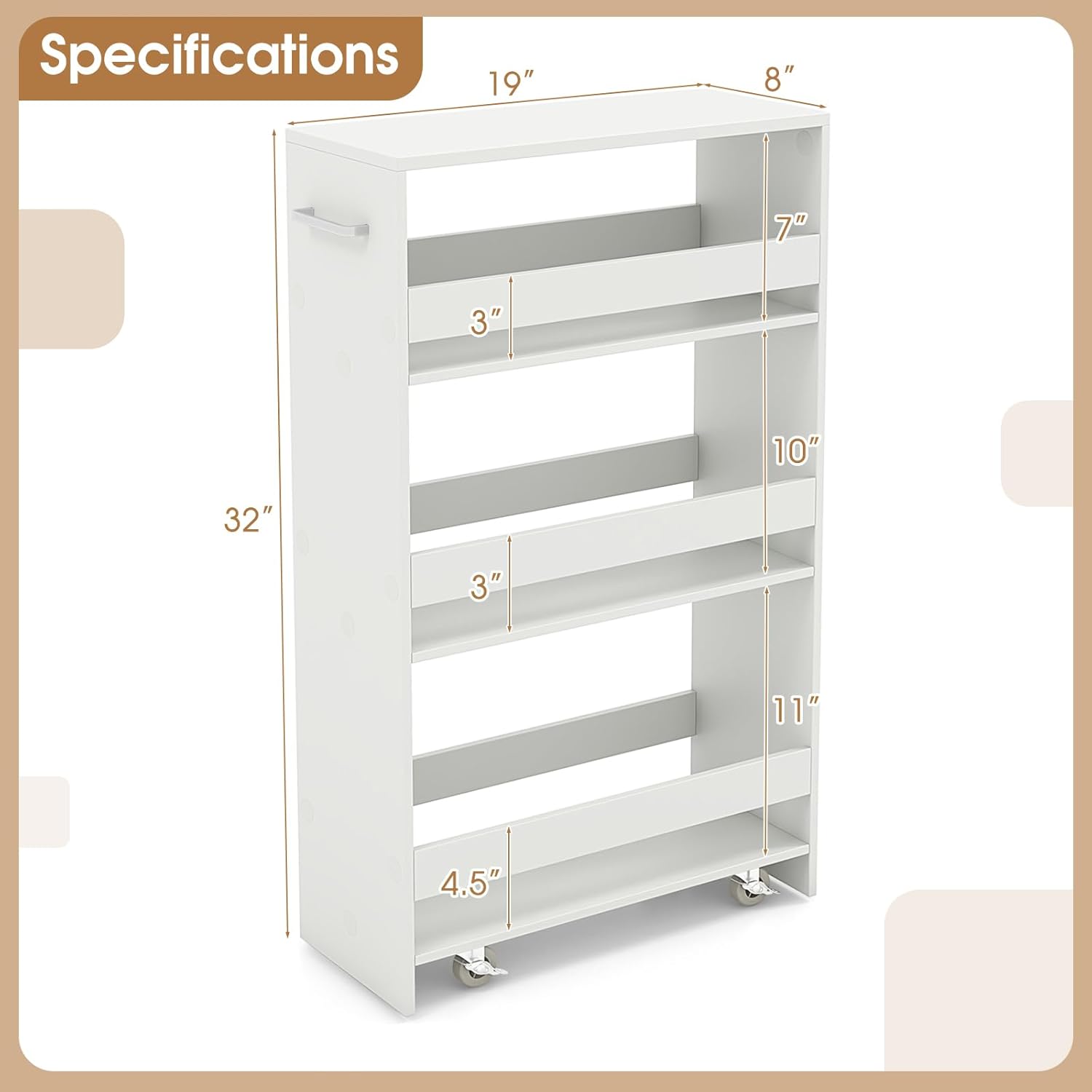 Giantex 4 Tier Rolling Slim Storage Cart, 8” Narrow Slide Out Kitchen Cart w/Handle & Open Shelves, Space-Saving Compact Mobile Utility Trolley for Small Space Laundry Room (White)
