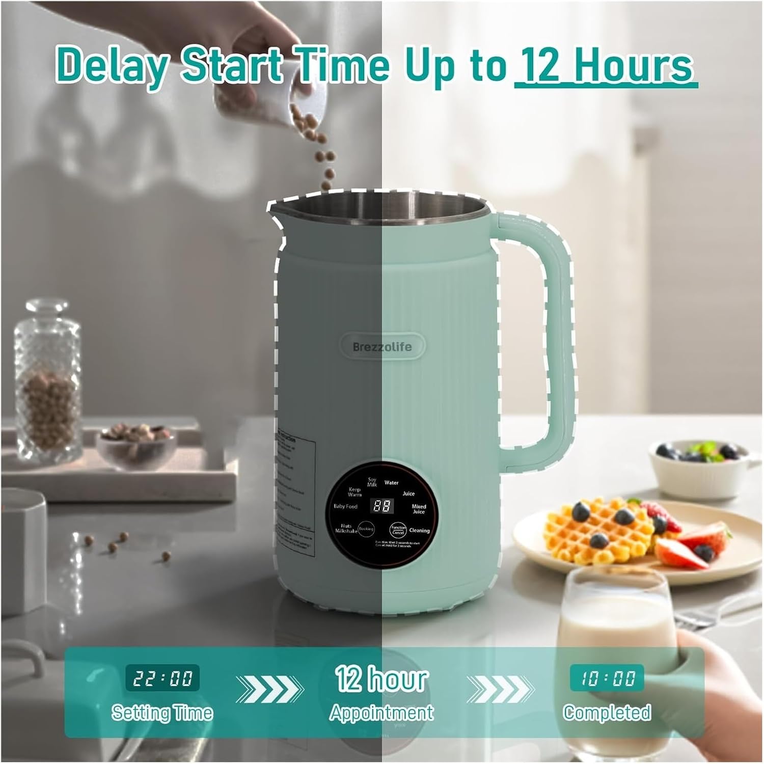 Nut Milk Maker,Large Capacity Stainless Steel Automatic Soy Milk Machine for Homemade,Oat,Plant-Based Milk and Non-Dairy Beverages Almond Cow Milk Machine with Delay Start,Self Cleaning，(Green)