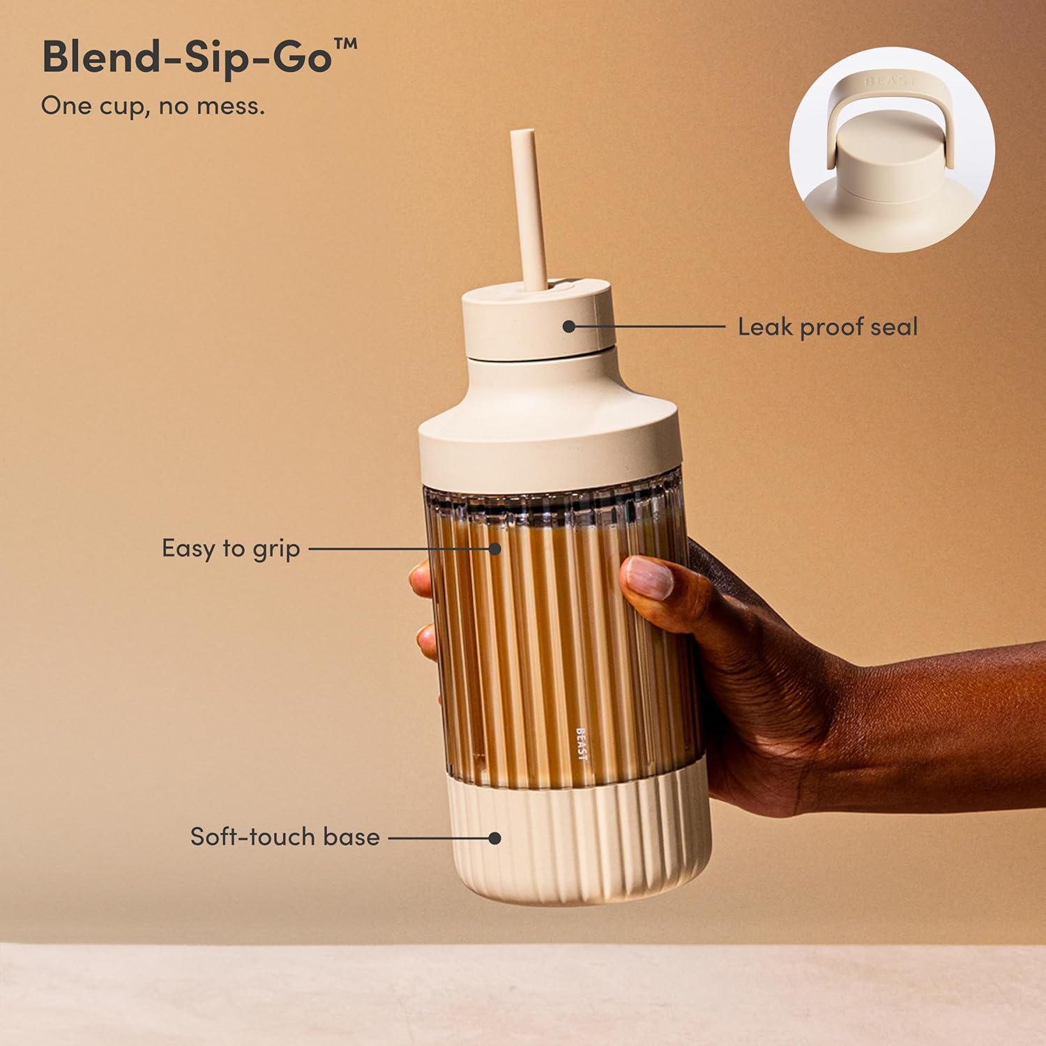 The Beast Mini Blender Plus | Mini Countertop Kitchen Blender | Blend Smoothies and Shakes, Dressings, Sauces, Dips | Extra Vessels, Straw Cap and Straws Included | 600W (Sand)